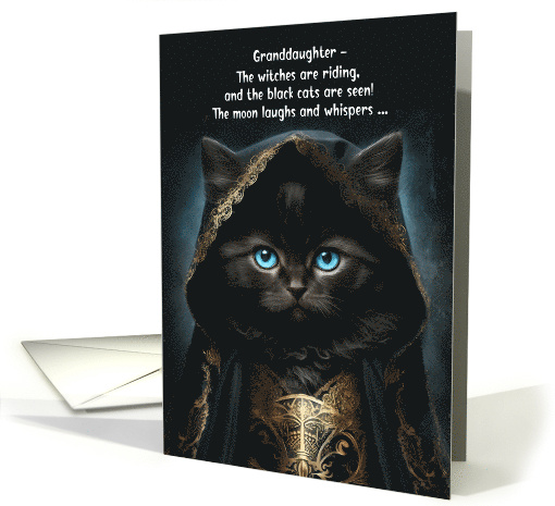 Granddaughter Halloween Cute Black Cat in a Witch Cape with Poem card