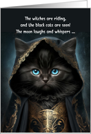 Halloween Cute Black Cat in a Witch Cape with Poem card
