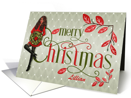 Christmas African American Girl Red and Green Botanical... (1160172)