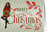 Christmas African American Girl Red and Green Botanical Typography card