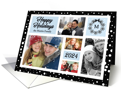 2024 Happy Holidays in Blue Black and White 5-Photo Christmas card