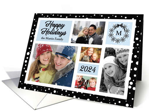 2023 Happy Holidays in Blue Black and White 5-Photo Christmas card