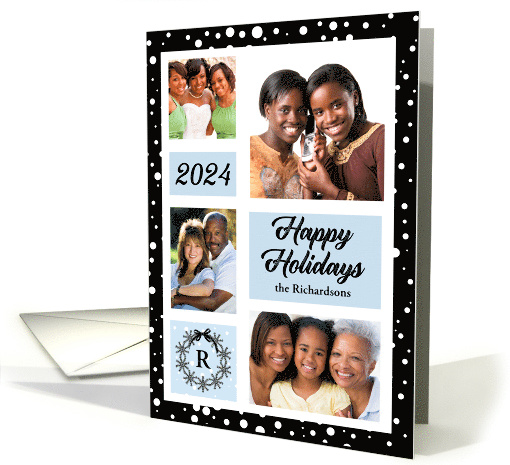 2024 Happy Holiday in Blue Black and White Dots 4-Photo card (1161060)