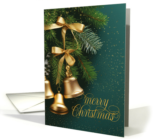 Gold Sleigh Bells on Teal Green Merry Christmas card (1181844)