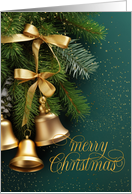 Gold Sleigh Bells on Teal Green Merry Christmas card