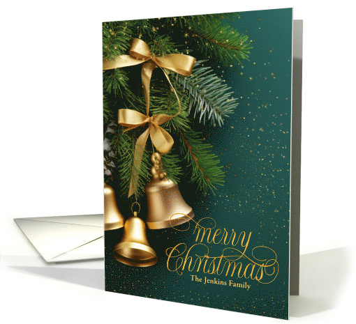 Custom Gold & Red Sleigh Bells with Boughs of Holiday Greenery card