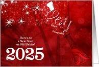 2025 New Year Champagne and Clock in Red and White card