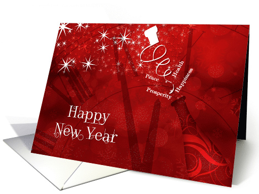 New Year Champagne and Clock in Red and White card (1194262)