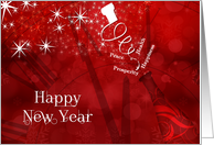 New Year Champagne and Clock in Red and White card