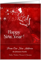 New Address Custom New Year Champagne in Red and White card