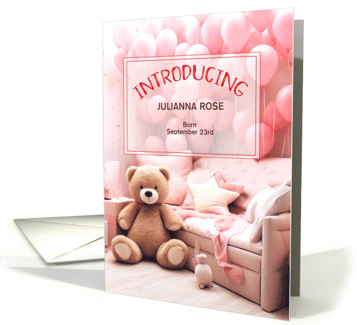 It's a Girl Custom Baby Announcement Pink Balloons and Bear card