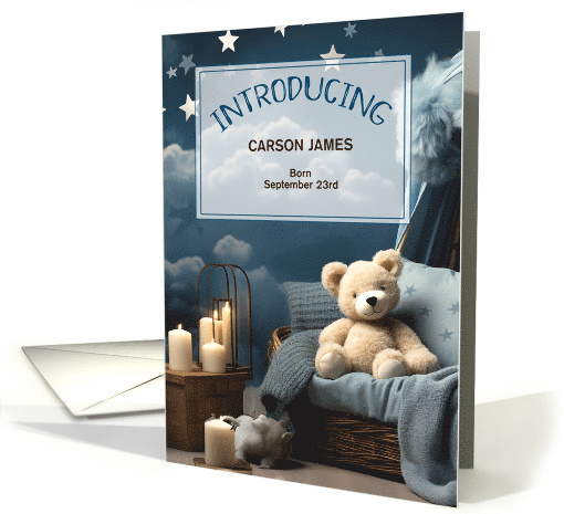 It's a Boy Custom Baby Announcement Blue Nursery and Bear card