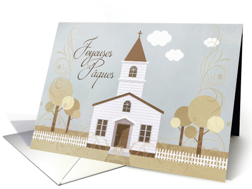 French Easter Joyeuses Pques Church Illustration in Sepia Tones card