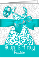 15th Daughter’s Birthday Trendy Bling in Turquoise Dress card