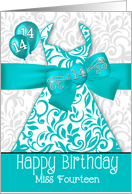 14th Birthday for Her Trendy Bling Turquoise Dress card