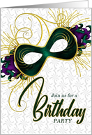 Birthday Party on Mardi Gras Violet Gold and Green Mask card
