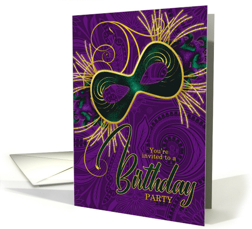 Birthday Party on Mardi Gras Violet Gold and Green Mask card (1225786)