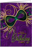 Birthday Party on Mardi Gras Violet Gold and Green Mask card