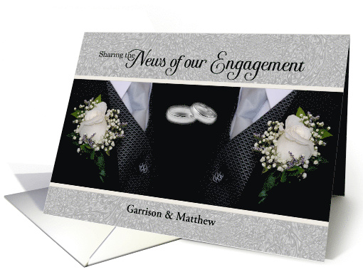 Gay Couple Engagement Tuxes and White Roses Custom card (1275946)