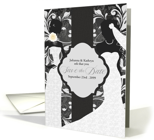 Save the Date Two Brides Gay Wedding in Elegant Damask card (1284728)