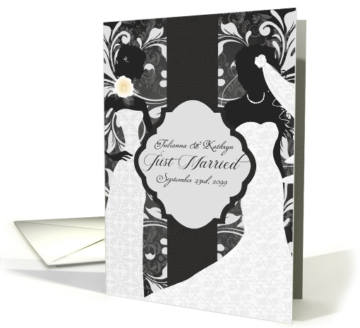 Just Married Two Brides Gay Wedding in Elegant Damask card (1284730)
