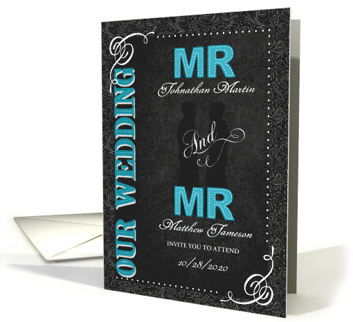 Gay Wedding Invitation Mr and Mr Black Damask Chalkboard Custom card