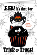 Custom for Kids Halloween Cute Spider Stealing a Cupcake card