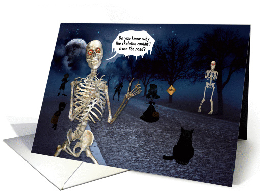 Halloween Skeleton Tells a Funny Joke Trick or Treat Scene card