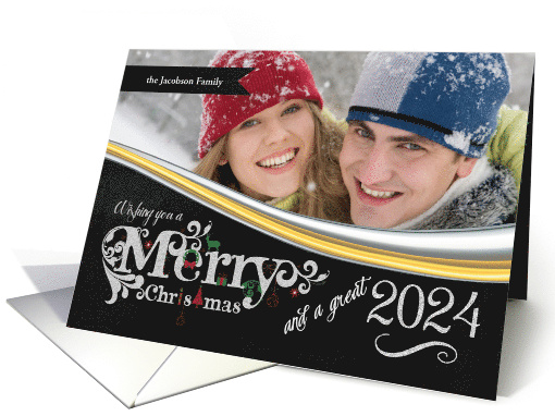 2024 Christmas Chalkboard Theme Silver and Gold Custom Photo card