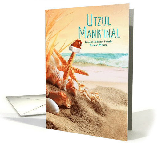 Mayan Utzul Mank'inal Blue Santa Hat on the Beach Shell Blank card