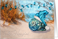 Spanish Feliz Navidad Blue Santa Hat on the Beach Shell card