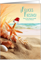 Spanish Felices Fiestas Blue Santa Hat on the Beach Shell card