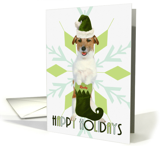 Jack Russell Terrier Dog Green Santa Hat & Stocking Custom card