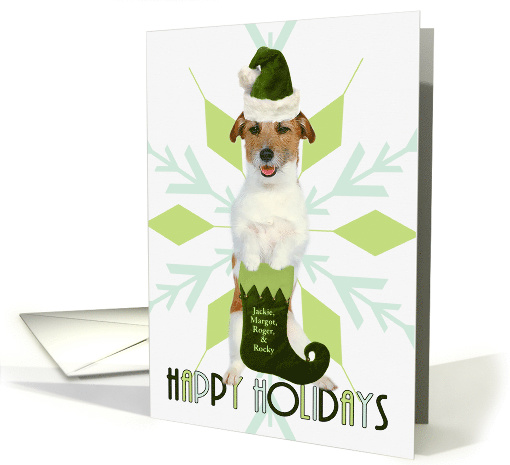 Jack Russell Terrier Dog Green Santa Hat and Stocking Custom card