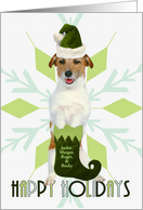 Jack Russell Terrier Dog Green Santa Hat and Stocking Custom card