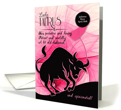 Taurus Birthday for Her in Pink and Black Zodiac Custom card (1354332)