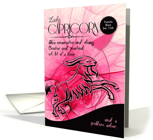 Lady Capricorn Birthday Pink and Black Feminine Zodiac Custom card