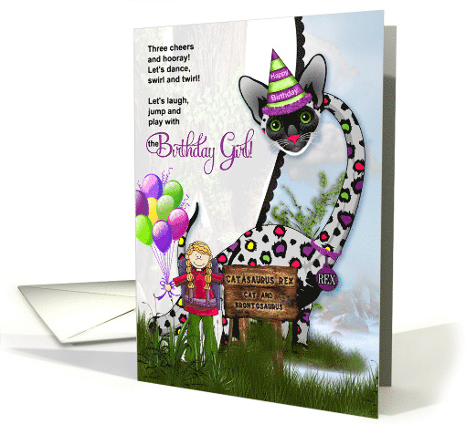 Girl's Birthday Silly Cat and Dinosaur in Pink and Purple card
