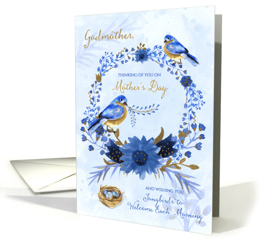 for Godmother on Mother's Day Blue Bird Blue Floral Garden Theme card