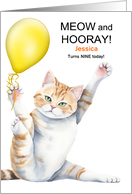 9th Birthday for Boy or Girl with a Cute Cartoon Cat Custom Name card