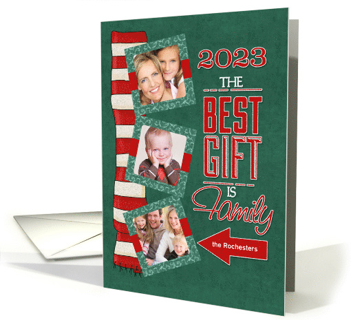 The Best Gift is Family 2023 Chalkboard Holiday 3 Photo Custom card
