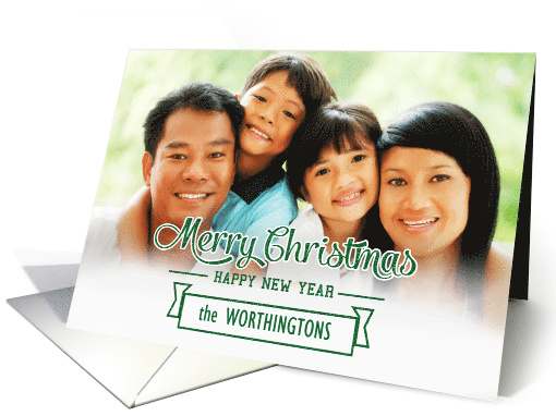 Merry Christmas New Year Word Art Faux Green Glitter Custom Photo card