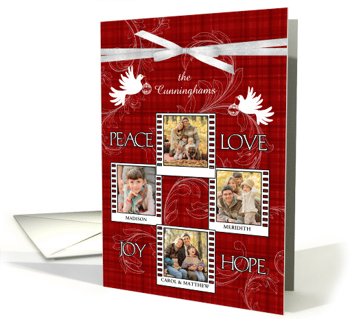 Holiday Red Plaid with White Ribbon and Doves 4 Photos Custom card