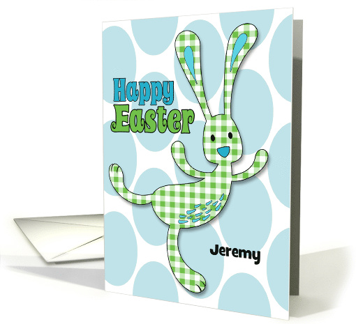 for Boy on Easter Green Gingham Checked Bunny Custom Name card