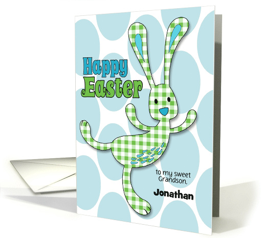 for Grandson on Easter Green Gingham Checked Bunny Custom Name card