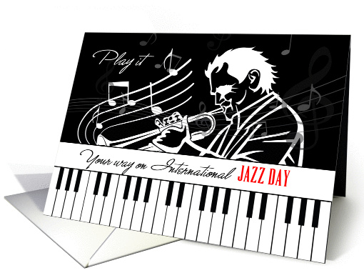 International Jazz Day Piano Keys and Musician with Musical Notes card