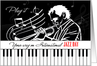International Jazz Day Piano Keys and Musician with Musical Notes card