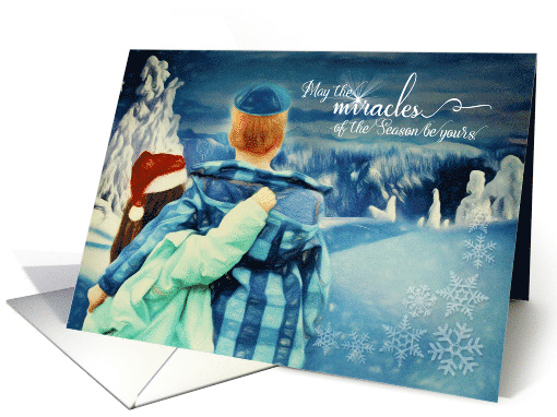 Interfaith Boy in a Kippah Girl in a Santa Hat Winter Painting card