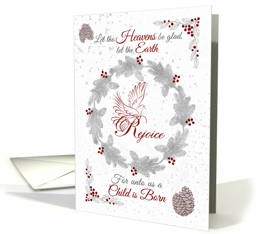 Rejoice for Unto us a Child is Born Silver and Red Religious card