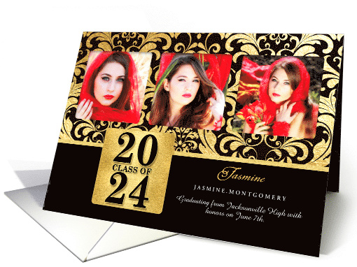 Class of 2024 Graduate Faux Gold Foil Three Grad Photo card (1471128)